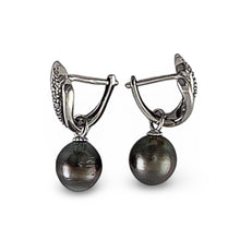 Load image into Gallery viewer, Solid Sterling Silver .925 Black Tahitian Pearl Euro-Back Dangle Earrings