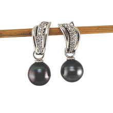 Load image into Gallery viewer, Solid Sterling Silver .925 Black Tahitian Pearl Euro-Back Dangle Earrings