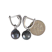 Load image into Gallery viewer, Solid Sterling Silver .925 Black Tahitian Pearl Euro-Back Dangle Earrings