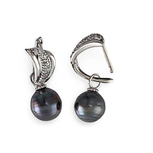 Load image into Gallery viewer, Solid Sterling Silver .925 Black Tahitian Pearl Euro-Back Dangle Earrings