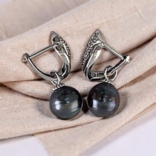 Load image into Gallery viewer, Solid Sterling Silver .925 Black Tahitian Pearl Euro-Back Dangle Earrings