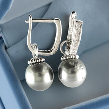 Load image into Gallery viewer, Solid Sterling Silver .925 Gray-Blue Tahitian Pearl Euro-Back Dangle Earrings