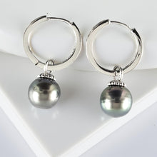 Load image into Gallery viewer, Solid Sterling Silver .925 Black-Green Overtone Tahitian Pearl C-Hoop Earrings