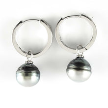 Load image into Gallery viewer, Solid Sterling Silver .925 Green-Silver Overtone Tahitian Pearl C-Hoop Earrings