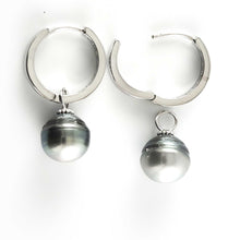 Load image into Gallery viewer, Solid Sterling Silver .925 Green-Silver Overtone Tahitian Pearl C-Hoop Earrings