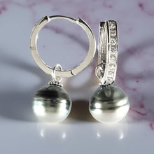 Load image into Gallery viewer, Solid Sterling Silver .925 Green-Silver Overtone Tahitian Pearl C-Hoop Earrings