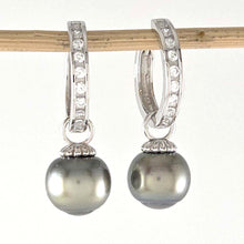 Load image into Gallery viewer, Solid Sterling Silver .925 Green-Olive Tahitian Pearl C-Hoop Dangle Earrings
