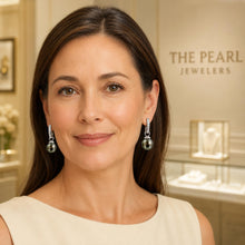 Load image into Gallery viewer, Solid Sterling Silver .925 Green-Olive Tahitian Pearl C-Hoop Dangle Earrings