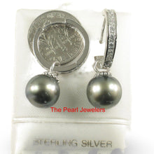 Load image into Gallery viewer, Solid Sterling Silver .925 Green-Olive Tahitian Pearl C-Hoop Dangle Earrings