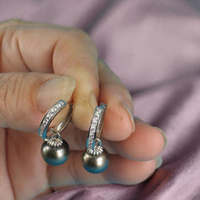 Load image into Gallery viewer, Solid Sterling Silver .925 Green-Olive Tahitian Pearl C-Hoop Dangle Earrings