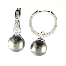 Load image into Gallery viewer, Solid Sterling Silver .925 Green-Olive Tahitian Pearl C-Hoop Dangle Earrings