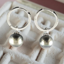 Load image into Gallery viewer, Solid Sterling Silver .925 Green-Olive Tahitian Pearl C-Hoop Dangle Earrings