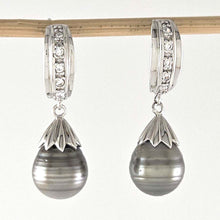 Load image into Gallery viewer, Solid Sterling Silver .925 Black-Gray Baroque Tahitian Pearl &amp; CZ Dangle Earrings