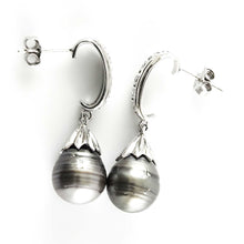 Load image into Gallery viewer, Solid Sterling Silver .925 Black-Gray Baroque Tahitian Pearl &amp; CZ Dangle Earrings