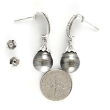 Load image into Gallery viewer, Solid Sterling Silver .925 Black-Gray Baroque Tahitian Pearl &amp; CZ Dangle Earrings