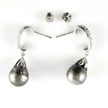 Load image into Gallery viewer, Solid Sterling Silver .925 Black-Gray Baroque Tahitian Pearl &amp; CZ Dangle Earrings