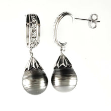 Load image into Gallery viewer, Solid Sterling Silver .925 Black-Gray Baroque Tahitian Pearl &amp; CZ Dangle Earrings