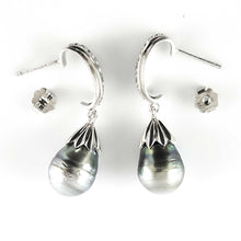 Load image into Gallery viewer, Solid Sterling Silver .925 Black-Blue Gray Tahitian Pearl &amp; CZ Dangle Earrings