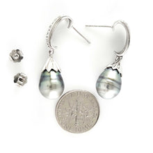 Load image into Gallery viewer, Solid Sterling Silver .925 Black-Blue Gray Tahitian Pearl &amp; CZ Dangle Earrings