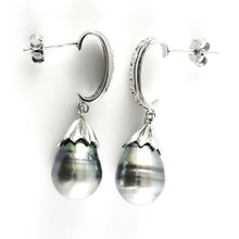 Load image into Gallery viewer, Solid Sterling Silver .925 Black-Blue Gray Tahitian Pearl &amp; CZ Dangle Earrings