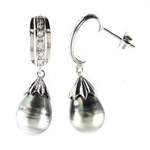 Load image into Gallery viewer, Solid Sterling Silver .925 Black-Blue Gray Tahitian Pearl &amp; CZ Dangle Earrings