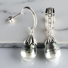 Load image into Gallery viewer, Solid Sterling Silver .925 Black-Blue Gray Tahitian Pearl &amp; CZ Dangle Earrings