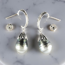 Load image into Gallery viewer, Solid Sterling Silver .925 Black-Blue Gray Tahitian Pearl &amp; CZ Dangle Earrings