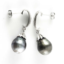 Load image into Gallery viewer, Solid Sterling Silver .925 Baroque Tahitian Pearl &amp; CZ Dangle Earrings