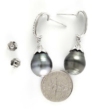 Load image into Gallery viewer, Solid Sterling Silver .925 Baroque Tahitian Pearl &amp; CZ Dangle Earrings
