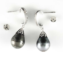 Load image into Gallery viewer, Solid Sterling Silver .925 Baroque Tahitian Pearl &amp; CZ Dangle Earrings