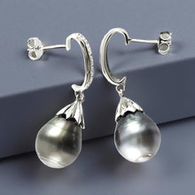 Load image into Gallery viewer, Solid Sterling Silver .925 Baroque Tahitian Pearl &amp; CZ Dangle Earrings