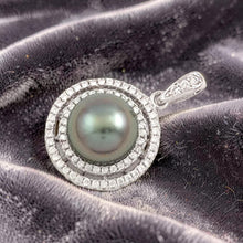 Load image into Gallery viewer, Sterling Silver .925 Tahitian Pearl Halo CZ Pendant (10.5mm