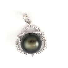 Load image into Gallery viewer, Sterling Silver .925 Tahitian Pearl Floral CZ Pendant (13mm)