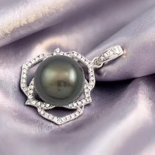 Load image into Gallery viewer, Sterling Silver .925 Tahitian Pearl Floral CZ Pendant (13mm)