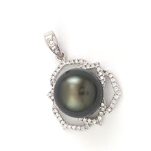 Load image into Gallery viewer, Sterling Silver .925 Tahitian Pearl Floral CZ Pendant (13mm)