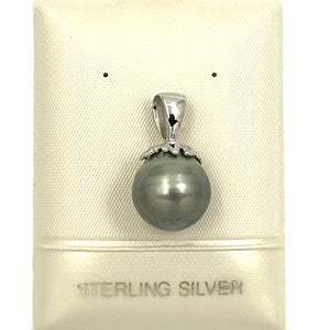 92T2310-Silver-.925-Flower-Bale-Genuine-Gray-Tahitian-Pearl-Pendant-Necklace