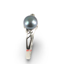 Load image into Gallery viewer, Solid .925 Sterling Silver Rhodium-Finish Black-Blue Cultured Pearl Solitaire Ring