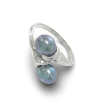 Load image into Gallery viewer, Twin Black-Blue Freshwater Pearl Cocktail Ring Solid Sterling Silver .925