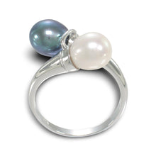 Load image into Gallery viewer, Solid Sterling Silver .925 Twin White &amp; Black-Blue Freshwater Pearl Cocktail Ring