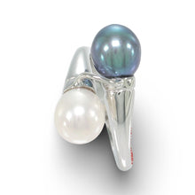 Load image into Gallery viewer, Solid Sterling Silver .925 Twin White &amp; Black-Blue Freshwater Pearl Cocktail Ring