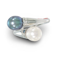 Load image into Gallery viewer, Solid Sterling Silver .925 Twin White &amp; Black-Blue Freshwater Pearl Cocktail Ring