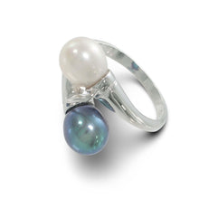 Load image into Gallery viewer, Solid Sterling Silver .925 Twin White &amp; Black-Blue Freshwater Pearl Cocktail Ring
