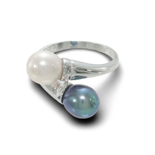 Load image into Gallery viewer, Solid Sterling Silver .925 Twin White &amp; Black-Blue Freshwater Pearl Cocktail Ring