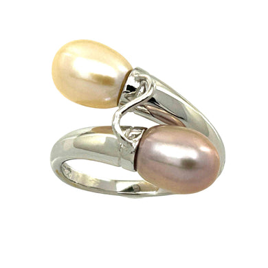 Solid Sterling Silver .925 Twin Peach & Pink Freshwater Pearl Cocktail Ring
