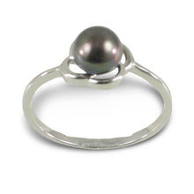 Load image into Gallery viewer, Solid Sterling Silver .925 Flower-Design Black-Blue Freshwater Pearl Solitaire Ring
