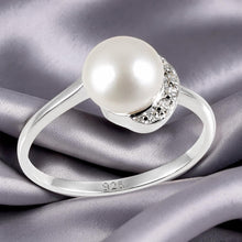 Load image into Gallery viewer, Solid Sterling Silver .925 White Freshwater Cultured Pearl &amp; CZ Crescent Ring