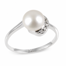 Load image into Gallery viewer, Solid Sterling Silver .925 White Freshwater Cultured Pearl &amp; CZ Crescent Ring