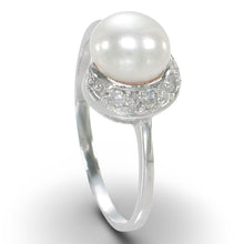 Load image into Gallery viewer, Solid Sterling Silver .925 White Freshwater Cultured Pearl &amp; CZ Crescent Ring