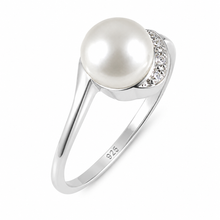 Load image into Gallery viewer, Solid Sterling Silver .925 White Freshwater Cultured Pearl &amp; CZ Crescent Ring