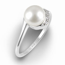 Load image into Gallery viewer, Solid Sterling Silver .925 White Freshwater Cultured Pearl &amp; CZ Crescent Ring